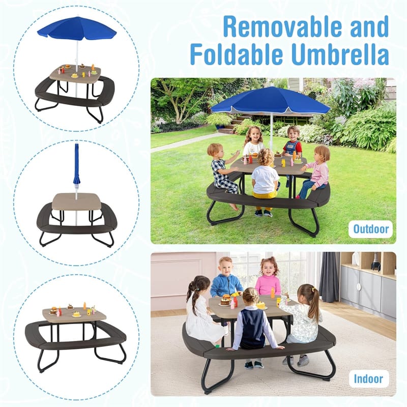 8-Person Kids Picnic Table Bench Set with Removable & Foldable Umbrella, Toddler Outdoor HDPE Activity Table and Chair Set for Backyard Patio