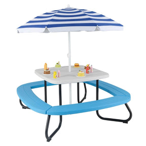 8-Person Kids Picnic Table Bench Set with Removable & Foldable Umbrella, Toddler Outdoor HDPE Activity Table and Chair Set for Backyard Patio