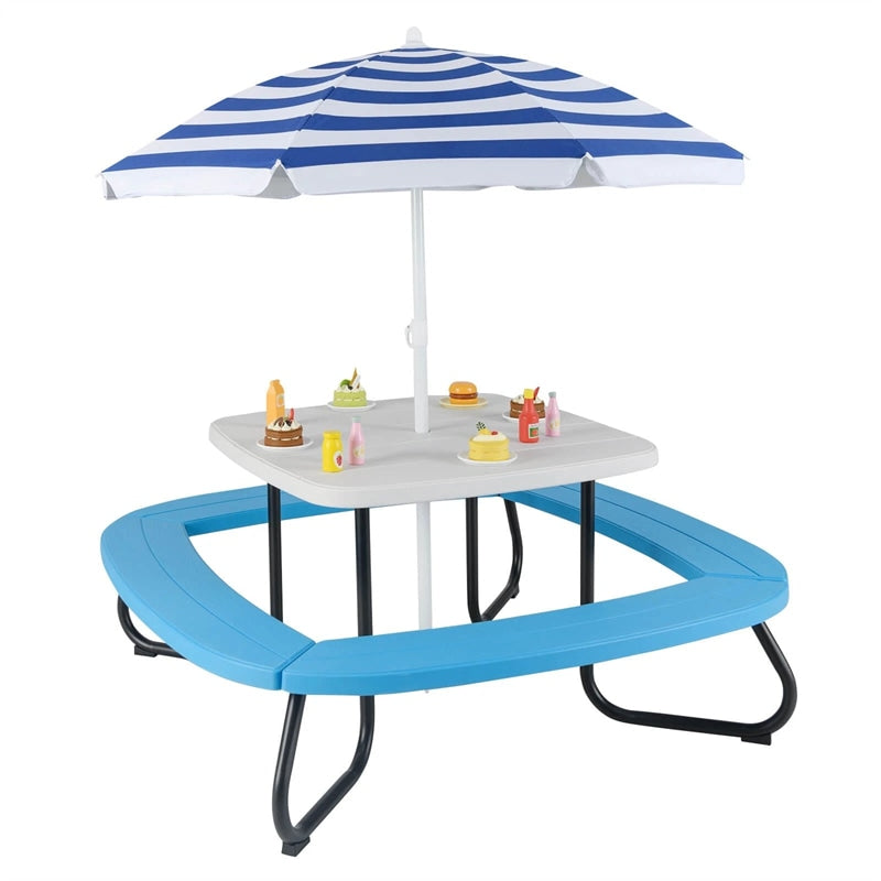 8-Person Kids Picnic Table Bench Set with Removable & Foldable Umbrella, Toddler Outdoor HDPE Activity Table and Chair Set for Backyard Patio