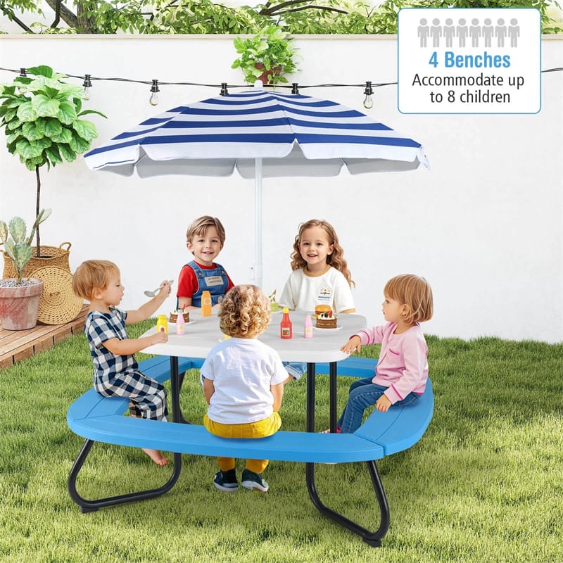 8-Person Kids Picnic Table Bench Set with Removable & Foldable Umbrella, Toddler Outdoor HDPE Activity Table and Chair Set for Backyard Patio
