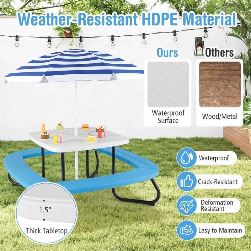 8-Person Kids Picnic Table Bench Set with Removable & Foldable Umbrella, Toddler Outdoor HDPE Activity Table and Chair Set for Backyard Patio