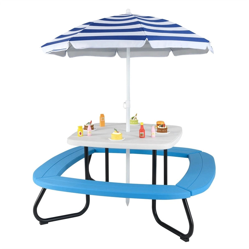 8-Person Kids Picnic Table Bench Set with Removable & Foldable Umbrella, Toddler Outdoor HDPE Activity Table and Chair Set for Backyard Patio