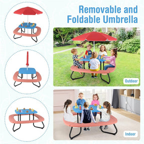 8-Person Kids Picnic Table Bench Set with Removable & Foldable Umbrella, Toddler Outdoor HDPE Activity Table and Chair Set for Backyard Patio