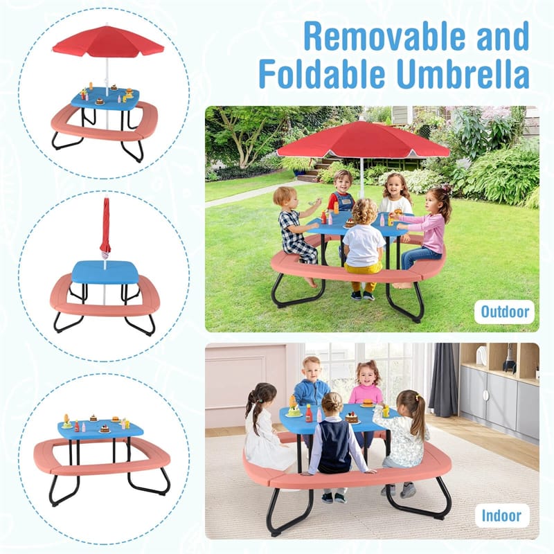 8-Person Kids Picnic Table Bench Set with Removable & Foldable Umbrella, Toddler Outdoor HDPE Activity Table and Chair Set for Backyard Patio