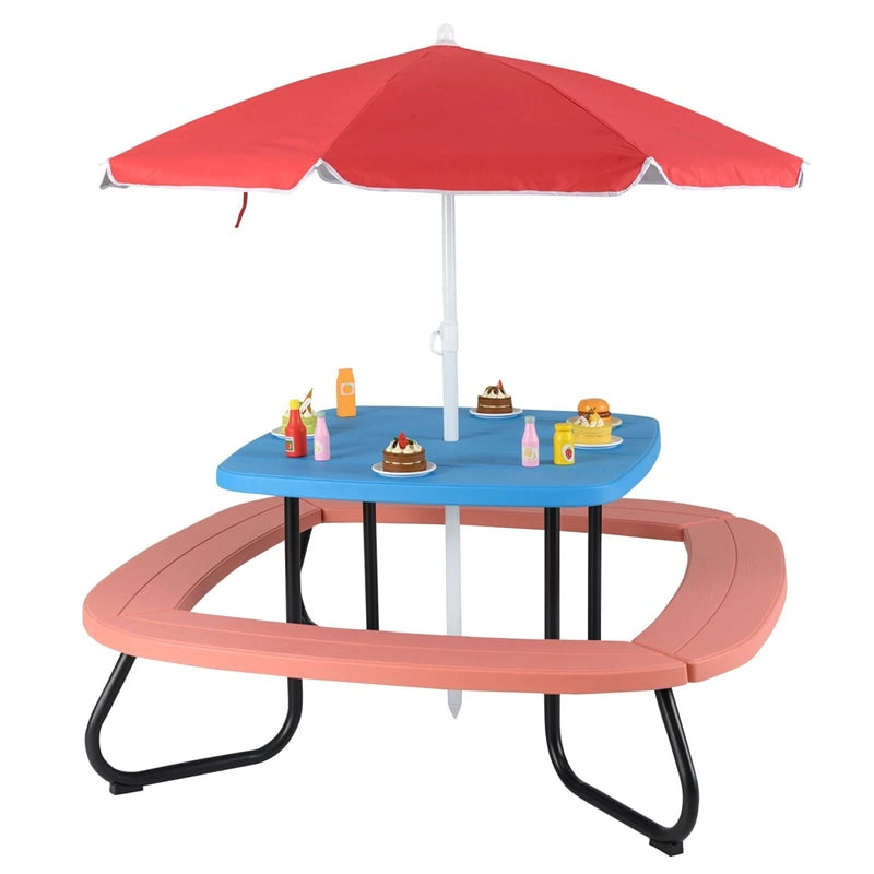 8-Person Kids Picnic Table Bench Set with Removable & Foldable Umbrella, Toddler Outdoor HDPE Activity Table and Chair Set for Backyard Patio