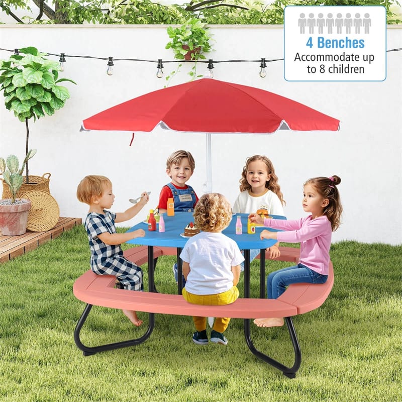 8-Person Kids Picnic Table Bench Set with Removable & Foldable Umbrella, Toddler Outdoor HDPE Activity Table and Chair Set for Backyard Patio