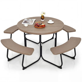 8 Person Round Picnic Table Bench Set, All-Weather HDPE Outdoor Table with 4 Built-in Benches & Umbrella Hole, 2000 LBS Capacity for Backyard