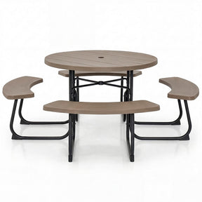 8 Person Round Picnic Table Bench Set, All-Weather HDPE Outdoor Table with 4 Built-in Benches & Umbrella Hole, 2000 LBS Capacity for Backyard