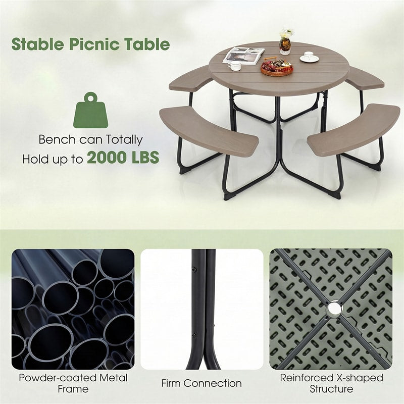 8 Person Round Picnic Table Bench Set, All-Weather HDPE Outdoor Table with 4 Built-in Benches & Umbrella Hole, 2000 LBS Capacity for Backyard