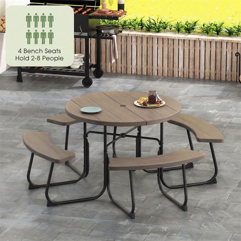 8 Person Round Picnic Table Bench Set, All-Weather HDPE Outdoor Table with 4 Built-in Benches & Umbrella Hole, 2000 LBS Capacity for Backyard