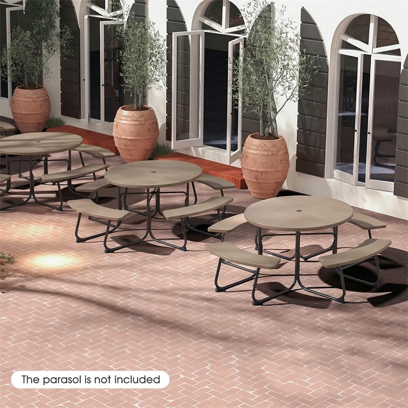 8 Person Round Picnic Table Bench Set, All-Weather HDPE Outdoor Table with 4 Built-in Benches & Umbrella Hole, 2000 LBS Capacity for Backyard