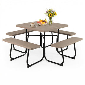 8 Person Square Picnic Table and Bench Set, Outdoor HDPE Patio Dining Set with Umbrella Hole & Metal Frame, 2000lbs Capacity for Backyard