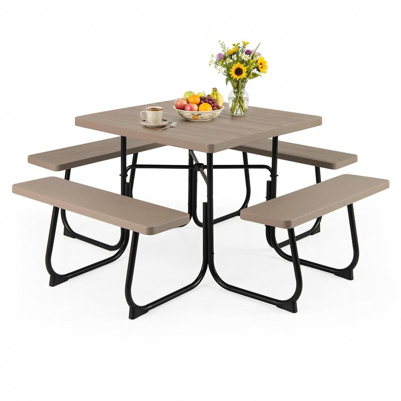 8 Person Square Picnic Table and Bench Set, Outdoor HDPE Patio Dining Set with Umbrella Hole & Metal Frame, 2000lbs Capacity for Backyard