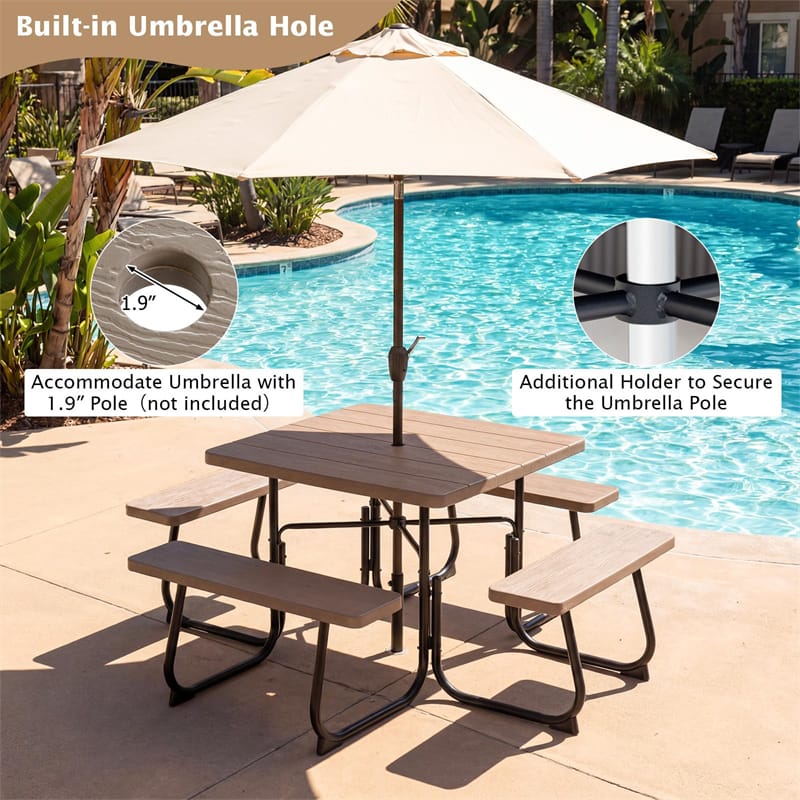 8 Person Square Picnic Table and Bench Set, Outdoor HDPE Patio Dining Set with Umbrella Hole & Metal Frame, 2000lbs Capacity for Backyard