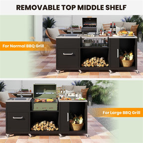 80" Outdoor Grill Table with Sink & Drainage, Heavy Duty Metal Grill Cart w/Cabinet & Removable Stainless Steel Top, Portable BBQ Prep Table on Wheels
