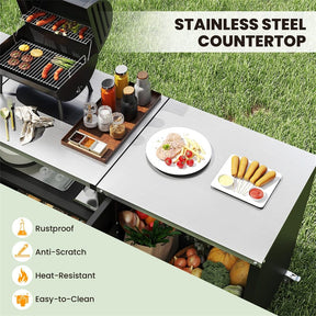 80" Outdoor Grill Table with Sink & Drainage, Heavy Duty Metal Grill Cart w/Cabinet & Removable Stainless Steel Top, Portable BBQ Prep Table on Wheels