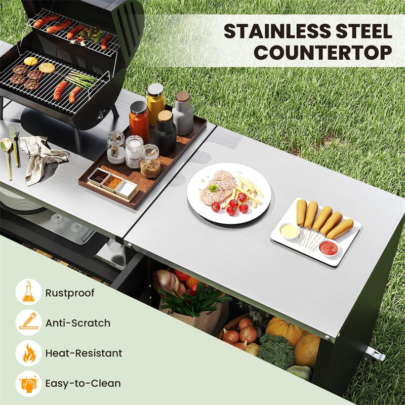 80" Outdoor Grill Table with Sink & Drainage, Heavy Duty Metal Grill Cart w/Cabinet & Removable Stainless Steel Top, Portable BBQ Prep Table on Wheels