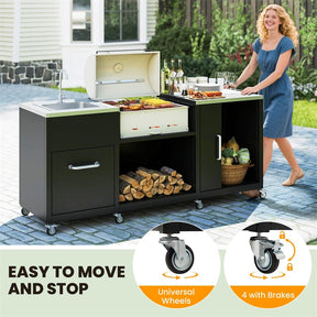 80" Outdoor Grill Table with Sink & Drainage, Heavy Duty Metal Grill Cart w/Cabinet & Removable Stainless Steel Top, Portable BBQ Prep Table on Wheels