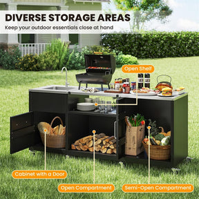 80" Outdoor Grill Table with Sink & Drainage, Heavy Duty Metal Grill Cart w/Cabinet & Removable Stainless Steel Top, Portable BBQ Prep Table on Wheels