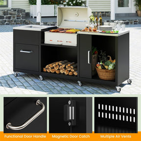 80" Outdoor Grill Table with Sink & Drainage, Heavy Duty Metal Grill Cart w/Cabinet & Removable Stainless Steel Top, Portable BBQ Prep Table on Wheels