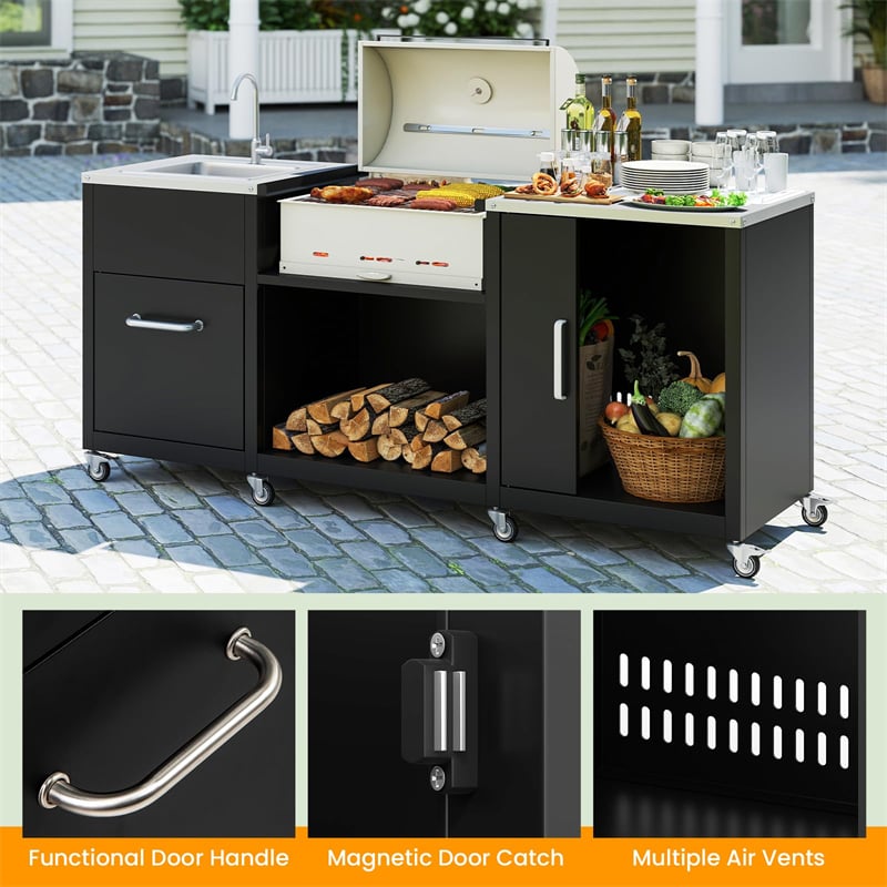 80" Outdoor Grill Table with Sink & Drainage, Heavy Duty Metal Grill Cart w/Cabinet & Removable Stainless Steel Top, Portable BBQ Prep Table on Wheels
