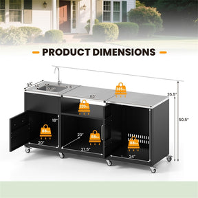80" Outdoor Grill Table with Sink & Drainage, Heavy Duty Metal Grill Cart w/Cabinet & Removable Stainless Steel Top, Portable BBQ Prep Table on Wheels