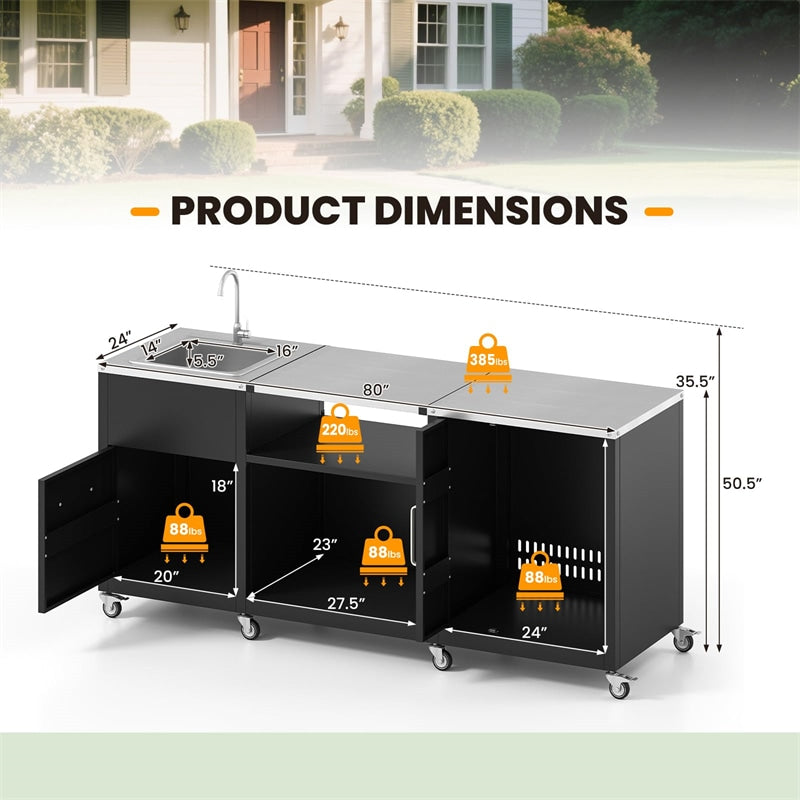 80" Outdoor Grill Table with Sink & Drainage, Heavy Duty Metal Grill Cart w/Cabinet & Removable Stainless Steel Top, Portable BBQ Prep Table on Wheels