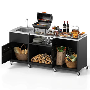80" Outdoor Grill Table with Sink & Drainage, Heavy Duty Metal Grill Cart w/Cabinet & Removable Stainless Steel Top, Portable BBQ Prep Table on Wheels