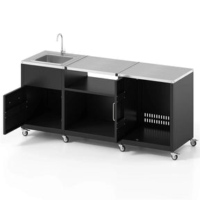80" Outdoor Grill Table with Sink & Drainage, Heavy Duty Metal Grill Cart w/Cabinet & Removable Stainless Steel Top, Portable BBQ Prep Table on Wheels
