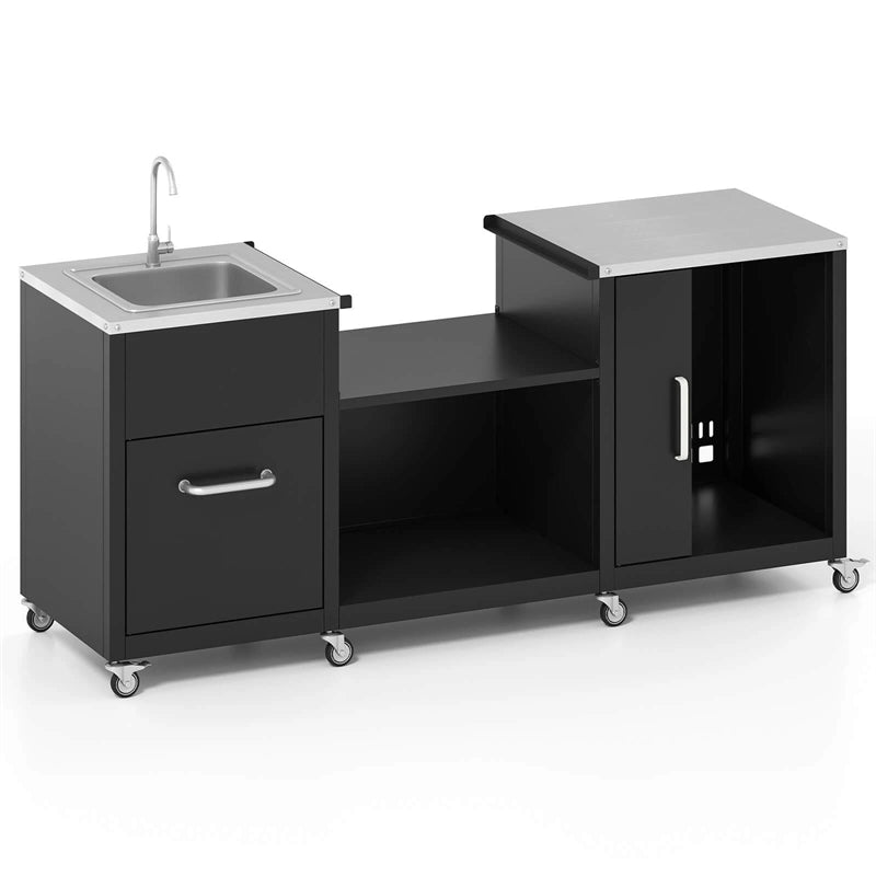 80" Outdoor Grill Table with Sink & Drainage, Heavy Duty Metal Grill Cart w/Cabinet & Removable Stainless Steel Top, Portable BBQ Prep Table on Wheels