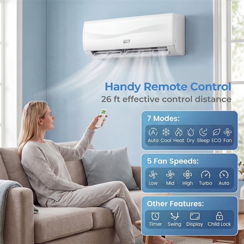 9100 BTU Mini Split Air Conditioner & Heater, Inverter Ductless AC Heat Pump System, Full Installation Kit, Cools up to 450 Sq Ft