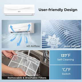 9100 BTU Mini Split Air Conditioner & Heater, Inverter Ductless AC Heat Pump System, Full Installation Kit, Cools up to 450 Sq Ft