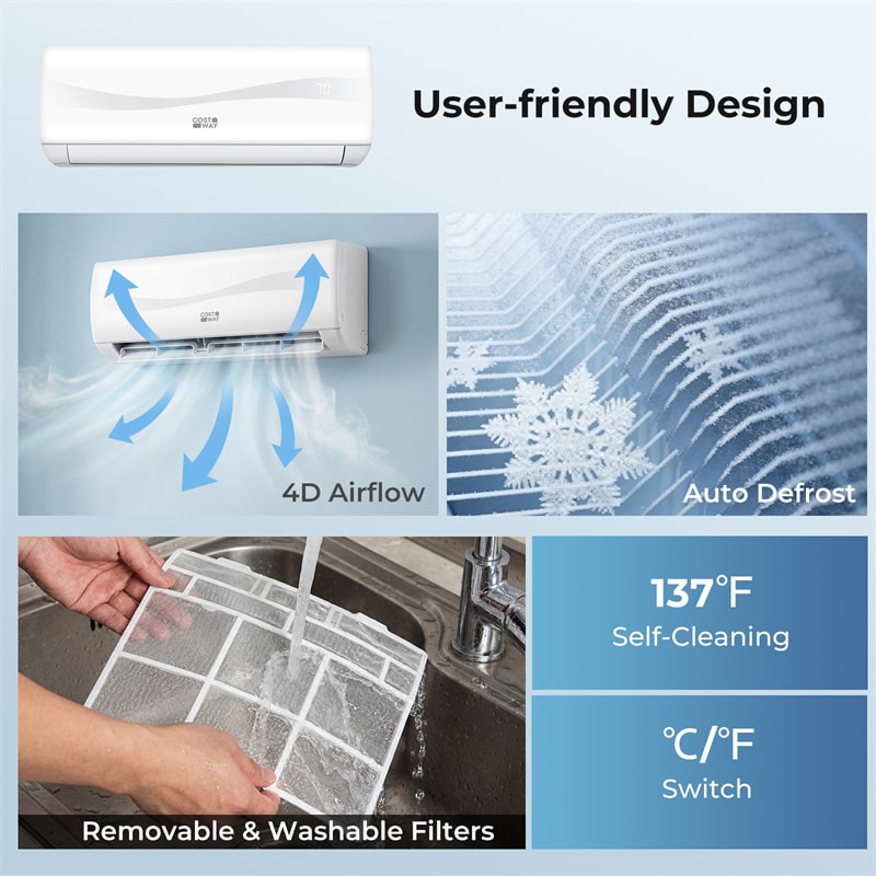 9100 BTU Mini Split Air Conditioner & Heater, Inverter Ductless AC Heat Pump System, Full Installation Kit, Cools up to 450 Sq Ft