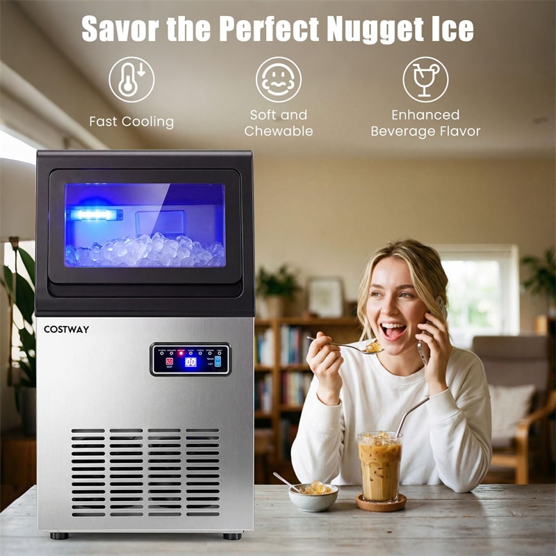 90 LBS/24H Commercial Nugget Ice Maker, Undercounter Chewable Pellet Sonic Ice Machine with Self-Cleaning & 15 LBS Storage for Office, Bar, Cafe