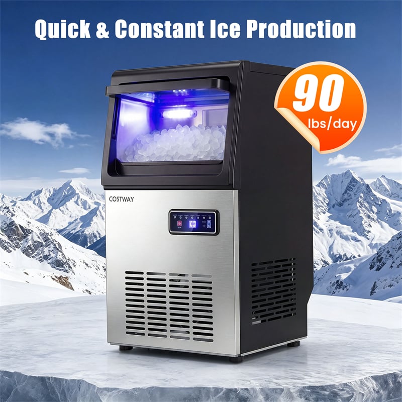 90 LBS/24H Commercial Nugget Ice Maker, Undercounter Chewable Pellet Sonic Ice Machine with Self-Cleaning & 15 LBS Storage for Office, Bar, Cafe