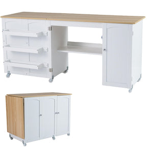 62.5" Folding Sewing Table Rolling Craft Station with Storage Cabinet & Shelves, Foldable Sewing Machine Desk w/ Lockable Wheels for Home