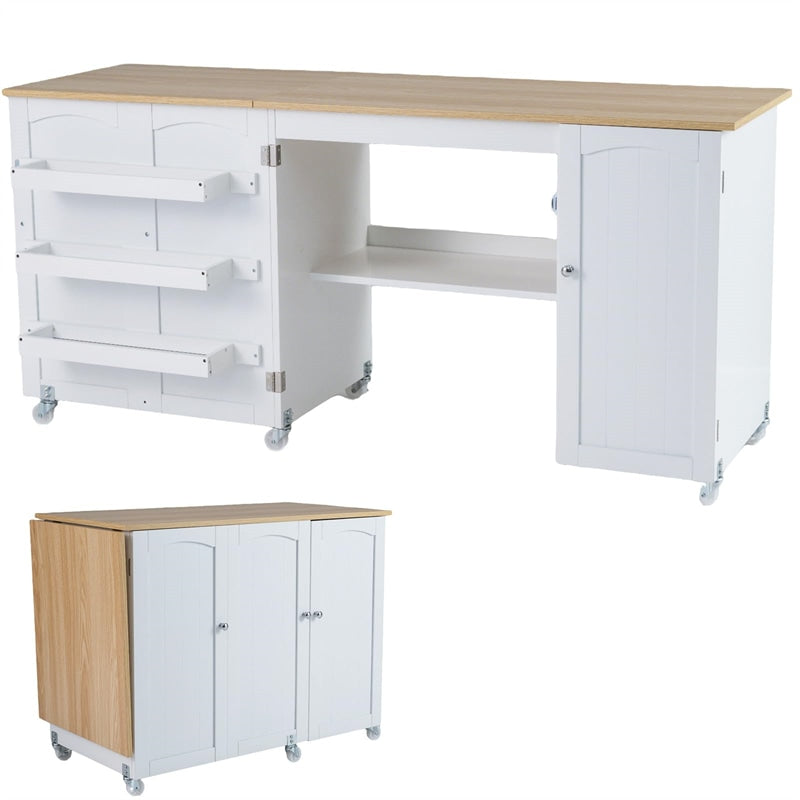 62.5" Folding Sewing Table Rolling Craft Station with Storage Cabinet & Shelves, Foldable Sewing Machine Desk w/ Lockable Wheels for Home