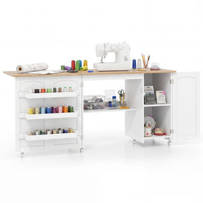 62.5" Folding Sewing Table Rolling Craft Station with Storage Cabinet & Shelves, Foldable Sewing Machine Desk w/ Lockable Wheels for Home