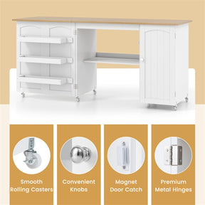 62.5" Folding Sewing Table Rolling Craft Station with Storage Cabinet & Shelves, Foldable Sewing Machine Desk w/ Lockable Wheels for Home