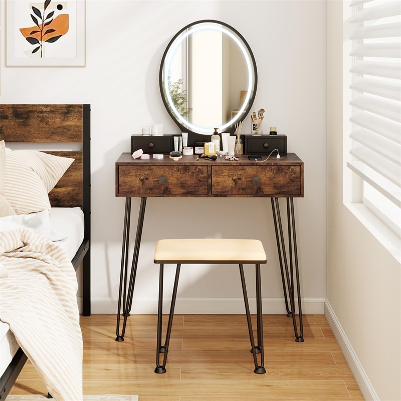 Industrial Vanity Desk w/ 3-Color Lighted Mirror, Charging Station & 4 Drawers, Retro Makeup Table Set w/ Padded Stool, Bedroom Dressing Table