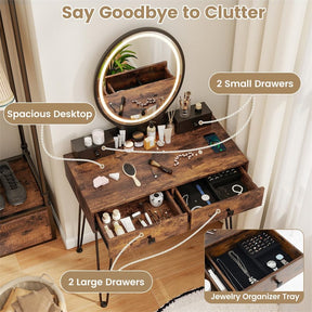 Industrial Vanity Desk w/ 3-Color Lighted Mirror, Charging Station & 4 Drawers, Retro Makeup Table Set w/ Padded Stool, Bedroom Dressing Table
