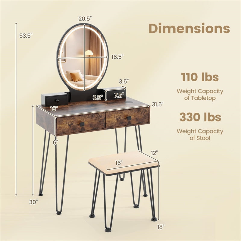 Industrial Vanity Desk w/ 3-Color Lighted Mirror, Charging Station & 4 Drawers, Retro Makeup Table Set w/ Padded Stool, Bedroom Dressing Table
