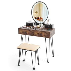 Industrial Vanity Desk w/ 3-Color Lighted Mirror, Charging Station & 4 Drawers, Retro Makeup Table Set w/ Padded Stool, Bedroom Dressing Table