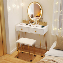 Industrial Vanity Desk w/ 3-Color Lighted Mirror, Charging Station & 4 Drawers, Retro Makeup Table Set w/ Padded Stool, Bedroom Dressing Table