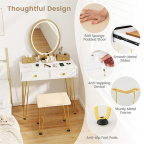 Industrial Vanity Desk w/ 3-Color Lighted Mirror, Charging Station & 4 Drawers, Retro Makeup Table Set w/ Padded Stool, Bedroom Dressing Table