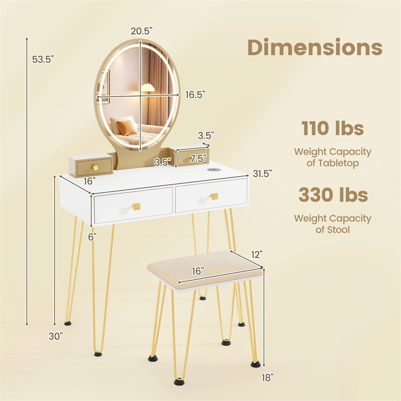 Industrial Vanity Desk w/ 3-Color Lighted Mirror, Charging Station & 4 Drawers, Retro Makeup Table Set w/ Padded Stool, Bedroom Dressing Table
