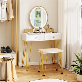 Industrial Vanity Desk w/ 3-Color Lighted Mirror, Charging Station & 4 Drawers, Retro Makeup Table Set w/ Padded Stool, Bedroom Dressing Table