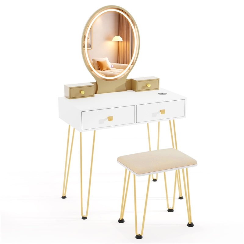 Industrial Vanity Desk w/ 3-Color Lighted Mirror, Charging Station & 4 Drawers, Retro Makeup Table Set w/ Padded Stool, Bedroom Dressing Table