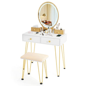 Industrial Vanity Desk w/ 3-Color Lighted Mirror, Charging Station & 4 Drawers, Retro Makeup Table Set w/ Padded Stool, Bedroom Dressing Table