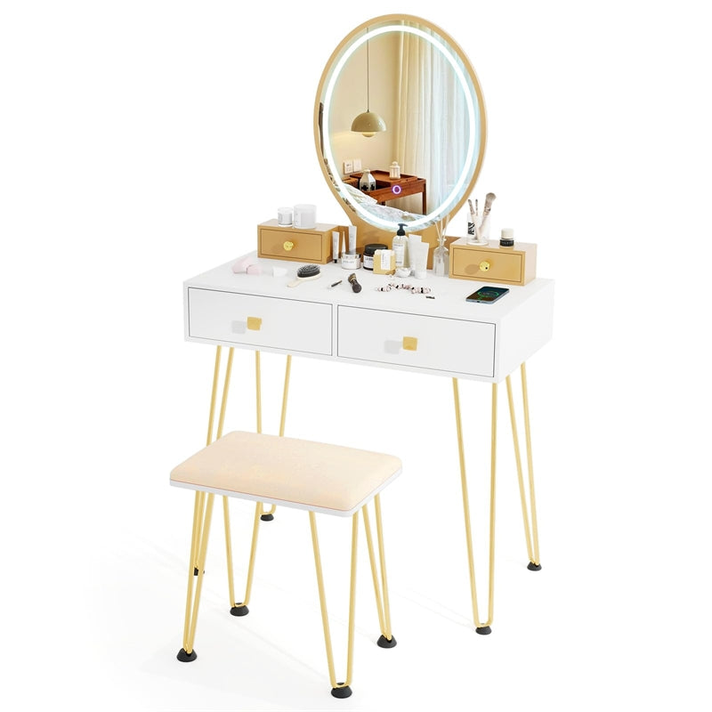 Industrial Vanity Desk w/ 3-Color Lighted Mirror, Charging Station & 4 Drawers, Retro Makeup Table Set w/ Padded Stool, Bedroom Dressing Table